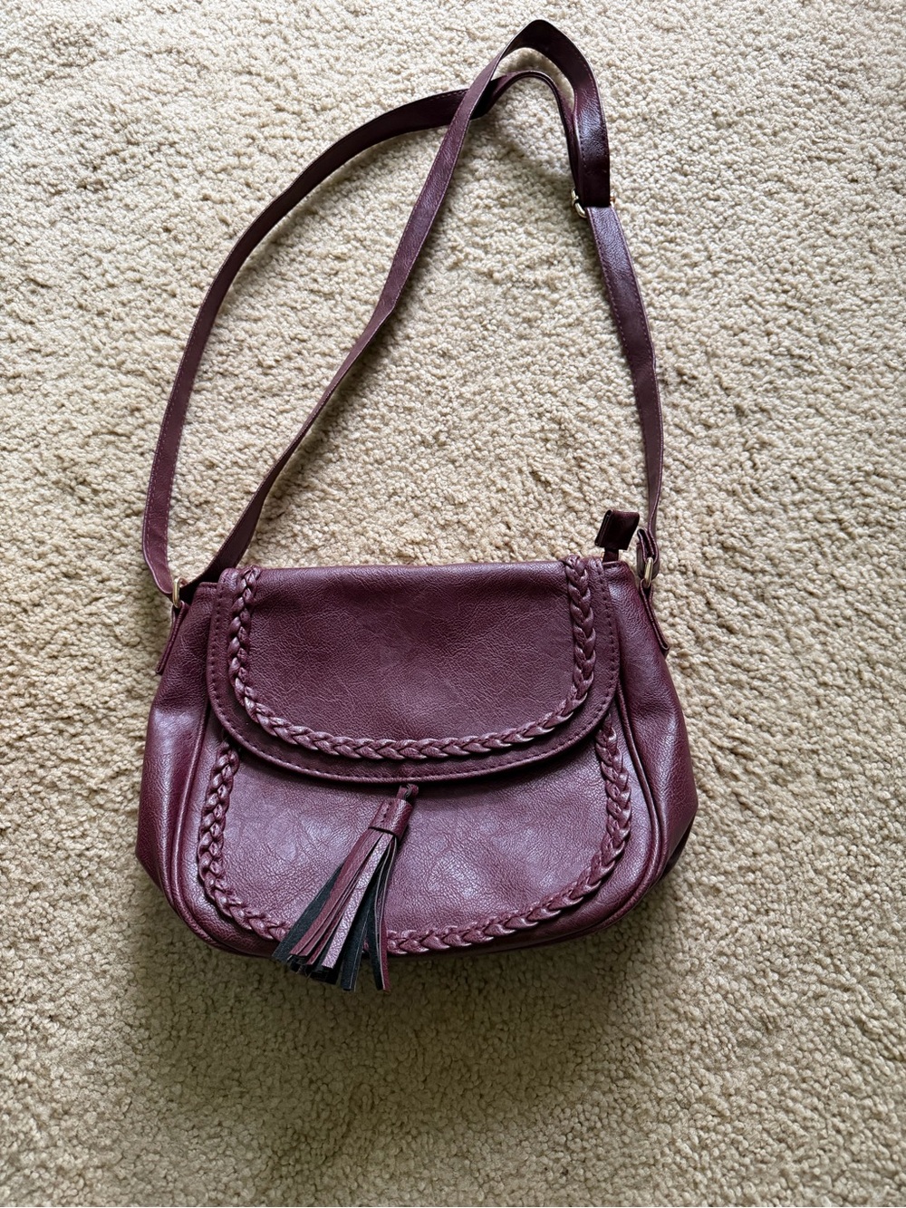 Women's Crossbody Bag in Plum - Classic Braided Tassel Design